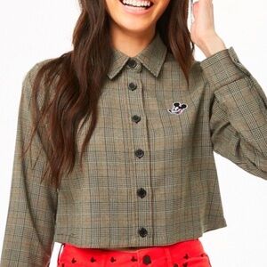 Forever 21 x Disney Mickey Mouse Plaid Cropped Button-Up Shirt Size S